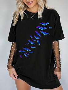 EMERY ROSE Plus Size Halloween T-Shirt, Plus Size Streetwear Graphic Short Sleeve T-Shirt, Cute Summer Top - Black - View 2