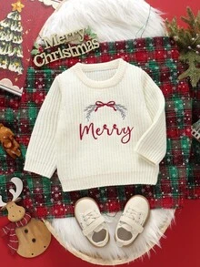 1 Stück Elfenbein Kleinkind Weihnachts-Atmosphäre Pullover, Rundhals Pullover Langarm, Schleife, Blumenkranz & Buchstaben Stickerei, modischer Strick-Top - Weiss - Übersicht 5