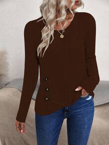 EMERY ROSE Women's Solid Color Round Neck Long Sleeve Ribbed Button Design Casual T-Shirt Fall Cloth For Women - Brown - View 3