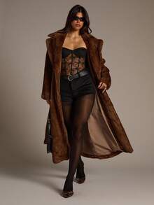 Aloruh 女士秋冬新款黑帮妻子风格渐变色长袖厚人造毛领系带长款人造毛外套 - 咖啡棕 - 查看 8