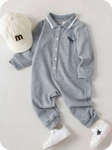 SHEIN Newborn Baby Boy/Girl Cute Cartoon Pattern Polo Collar Long Sleeve Romper, Autumn/Winter Baby Boys Outfit Baby Golf Outfit Baby Boy Going Home Outfit Baby Boy Dinosaur Outfit Fall