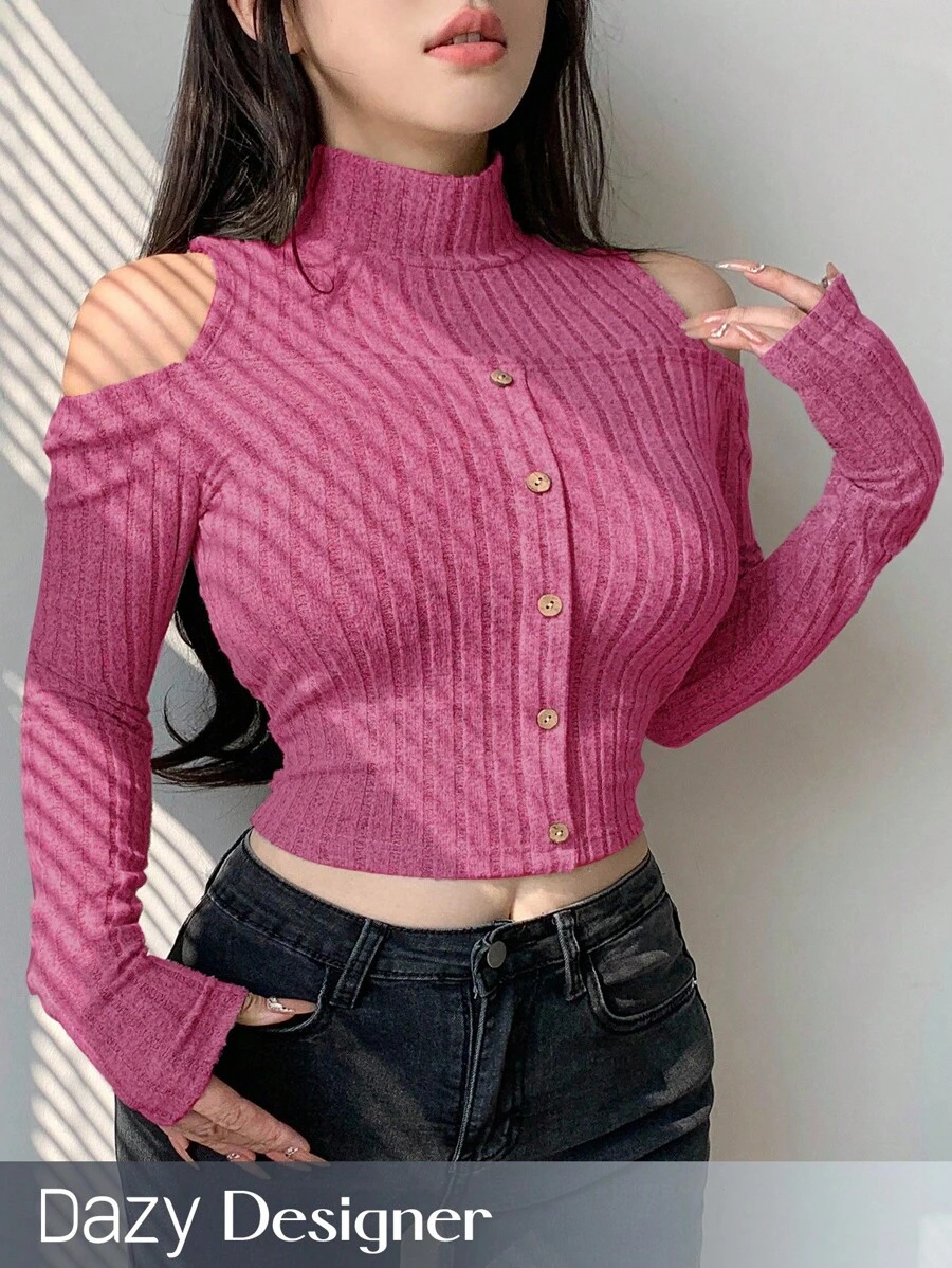 Dazy Designer Women's Slim Fit Brushed Off-Shoulder Long Sleeve Single-Breasted T-Shirt, Autumn/Winter - Hot Pink - View 1