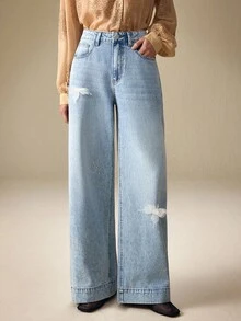 SHEIN Frenchy Damen Lässig Everyday Verwaschen Schrägtasche Destroyed Gerade Bein Jeans - Blau - Übersicht 8
