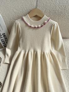 SHEIN Young Girl' Pink Round Neck Ruffle Hem Solid Color Long Sleeve A-Line Dress - Apricot - View 4