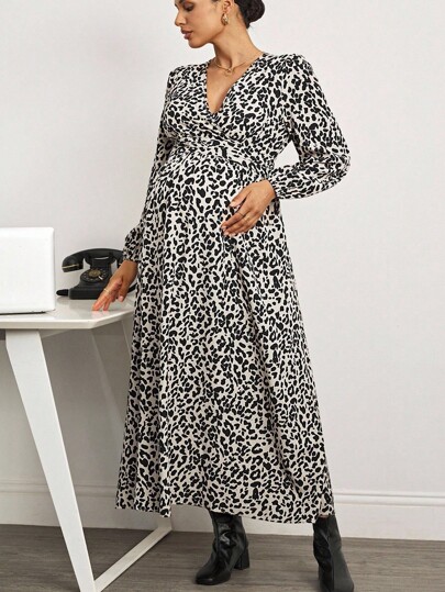 MaterniWear Women V-Neck Long Sleeve Leopard Print Casual Midi Dress, Retro, Elegant Women, Festival Clothes, Business Casual Women, Women Dress, Elegant Women Fall Women Clothes, Party Costumes Christmas Costumes Dating Costumes Party Costumes, Winter Women Dress, Holiday Dress, Thanksgiving Dress, Autumn/Winter Maternity Dress  Business Casual Woman Office Wear  Beach