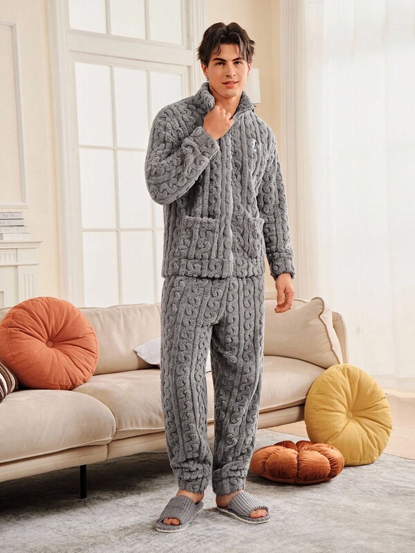 Men's Solid Color Long Sleeve Top With Pockets And Long Pants Pajama Clothes Set, Autumn/Winter Men Pajama Clothes Set Men Sleepwear Men Sleepwear Set Men Pjs Set Men Lounge Set
