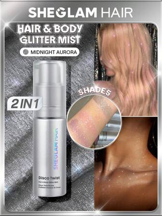 SHEGLAM HAIR Disco Twist Hair & Body Glitter Mist-Midnight Aurora, Shimmering Hair Spray, Delicate And Shiny, Soft And Smooth Hair Care, Smooth And Non-Clogging, Body Glitter Spray For Hair Body Face Graduation Birthday Holiday Summer Fall Autumn Y2K Fancy Fashion Women Makeup Cosmetic Party Beach Travel Camping Outdoors School Campus Festivals Decor Gift Present Rose Girl Best Color Charm Vibe Pink Christmas New Year Thanksgiving Day Valentine's Day