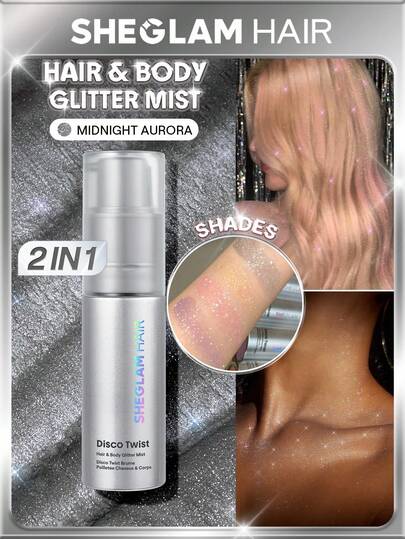 SHEGLAM HAIR Bruma de purpurina para el cabello y el Body con efecto disco twist - Aurora de medianoche Graduación Cumpleaños Día festivo Summer Caer Autumn Y2K Elegante Moda Mujer Constituir Cosmético Fiesta Playa Viajar Cámping Al aire libre Escuela Campus Viaje Festivales Decoración Regalo Presente Rosa Chica Cosplay Mejor Color Encanto Onda rosa bigudí cuidado del cabello wafflera para el cabello Perfume