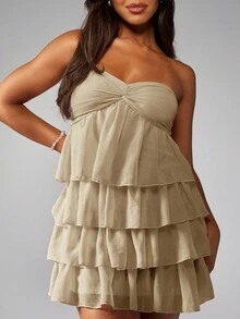 MISSGUIDED Strapless Tiered Ruffle Mini Party Dress With Twist Front Gathered Bust Evening Summer Beach Vacation Resort Wear - Khaki - View 3