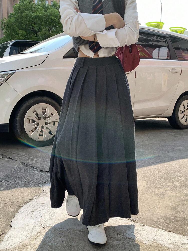 Women's Pleated Solid Color Casual Skirt Fall