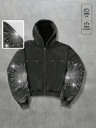 Street Life Sudadera holgada con lavado de piedras de rhinestone desgastada para hombre, estilo callejero vintage, otoño