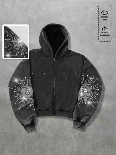 Street Life بلوزة رياضية فضفاضة مغسولة مزينة بالراين للرجال، بطراز الشارع الفينتاج، للخريف