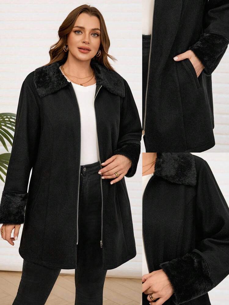 Plus Size Women Solid Color Patchwork Faux Fur Collar Long Sleeve Zipper Front Casual Winter Overcoat, Autumn/Winter, New,