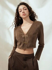Franclia 女式纯色长袖金属纽扣短款夹克，秋冬 - 巧克力棕 - 查看 3