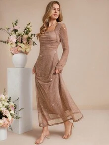 Amorya 女士方领长袖亮片针织修身优雅中长连衣裙，灰色/粉色，适合日常穿着、派对、春夏季 - 粉色 - 查看 11