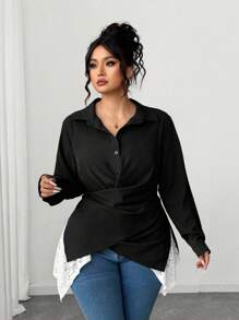 Elenzga Plus Size Women Gothic Prep With Wednesday Twist Contrast Lace Elegant Lightweight Binding Shirt Fall Cloth For Women - Black and White - View 5