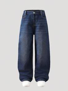 SHEIN Tween Boy 复古基本款休闲宽松直筒牛仔裤