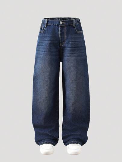 SHEIN Tween Boy Retro Basic Casual Loose Straight Leg Jeans Chic Outfits For Autumn/Winter Fall