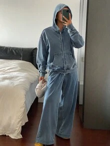 Livesso Women's Hooded Top And Loose Fit Jeans Set, Autumn - Blue - View 4