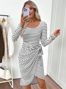 EMERY ROSE 女式条纹方领长袖侧系腰休闲中长连衣裙 - 黑與白 - 查看 1
