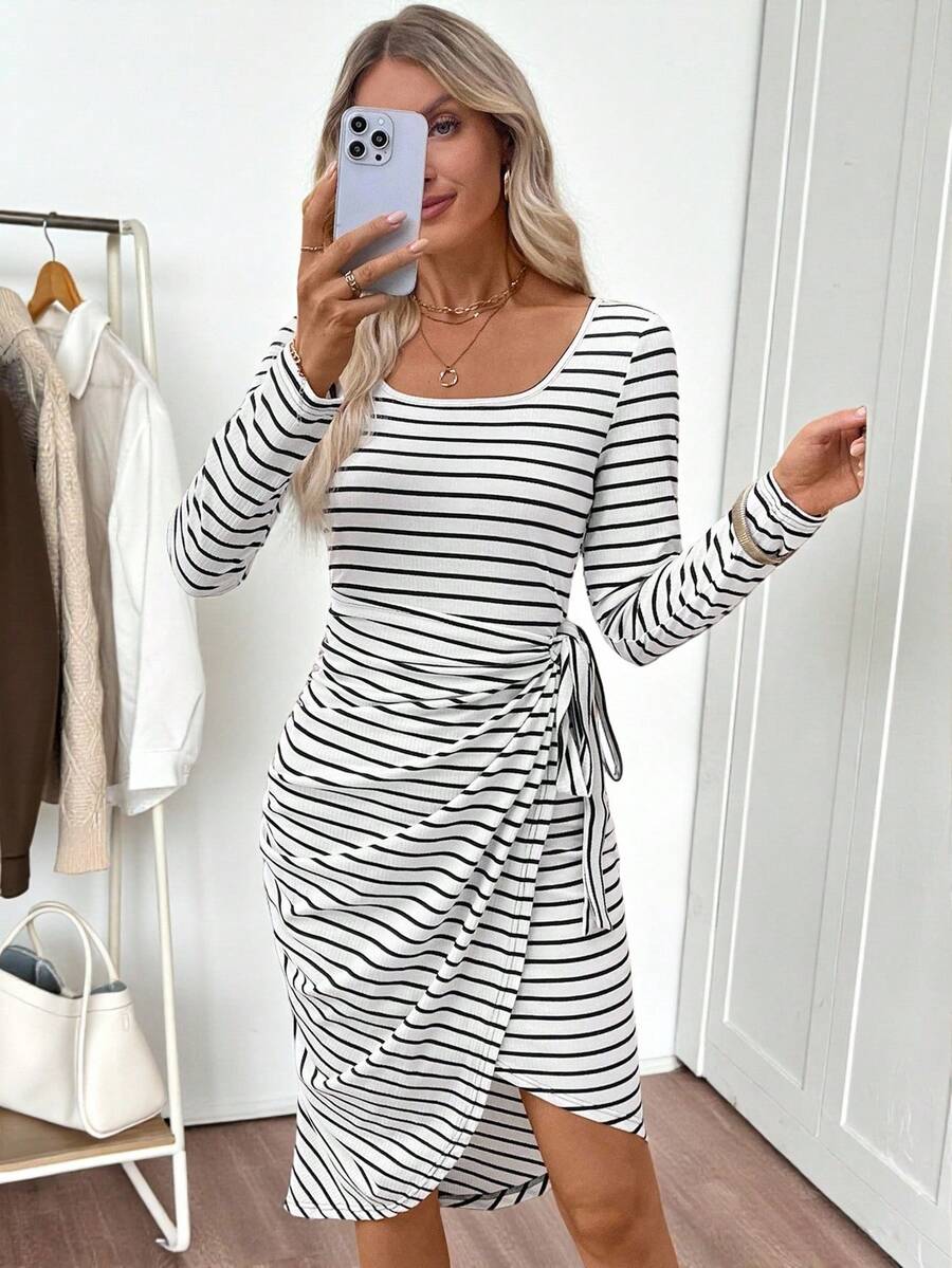 EMERY ROSE 女式条纹方领长袖侧系腰休闲中长连衣裙 - 黑與白 - 查看 1