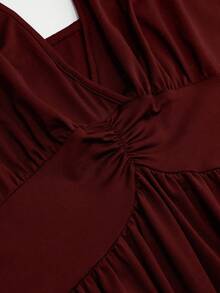 DreamSkyne Plus Size Black V-Neck Waist Pleated Knit Dress - Burgundy - View 5
