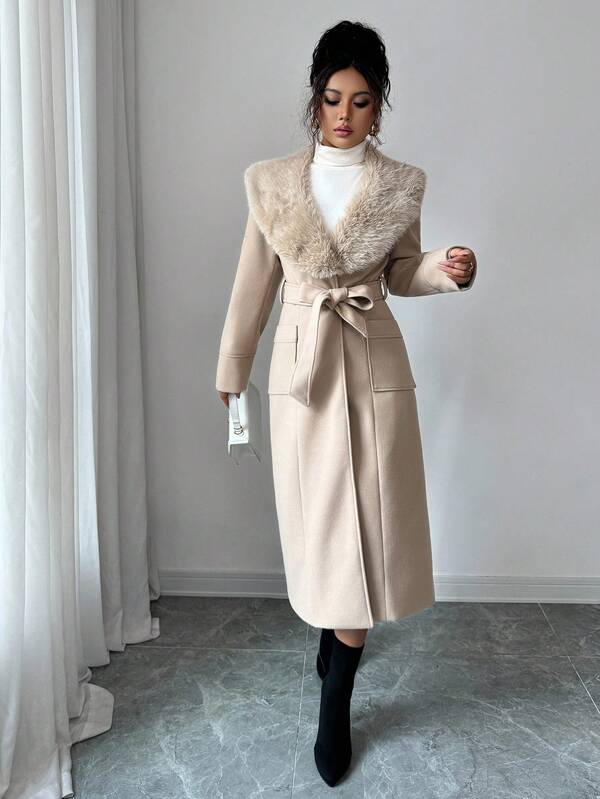 Elenzga Women's Elegant Fox Decor Cinched Waist Long Sleeve Outerwear Coat, Autumn/Winter