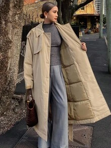 DAZY 女式夹棉大衣，风衣款式，腰部收紧，宽松休闲，都市时尚，秋冬 - 卡其色 - 查看 8