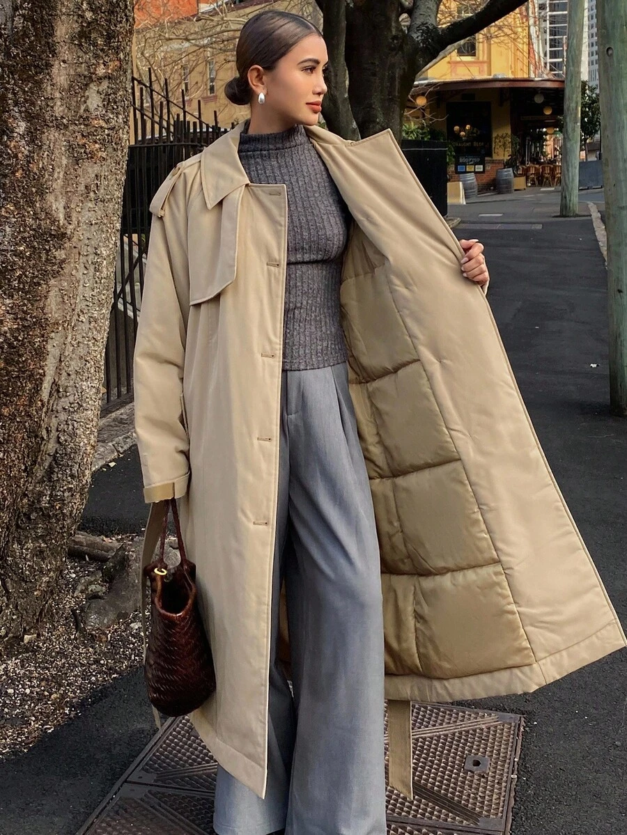 Livesso 女式夹棉大衣，风衣款式，腰部收紧，宽松休闲，都市时尚，秋冬 - 卡其色 - 查看 1