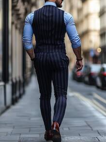 Calvornis Ensemble de gilet et pantalon rayé décontracté pour homme, style "Old Money" - Bleu marine - Voir 2