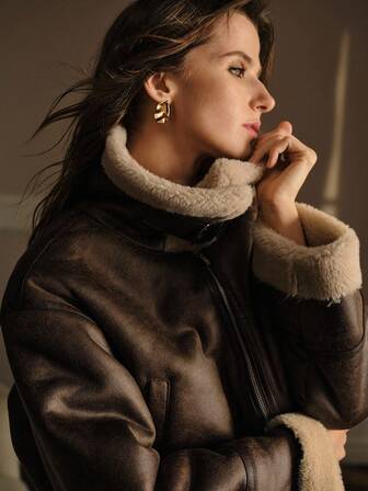 MOTF STUDIO 撞色毛绒拼接落肩宽松拉链夹克，适合秋冬季穿着