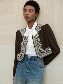 GENKIRA Women's Short Jacket With Embroidered Blue And White Porcelain Pattern, Crew Neck - Coffee Brown - View 4