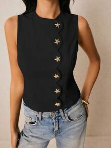 Poéselle Blusa sin mangas de cuello redondo con botones frontales de unicolor para mujer