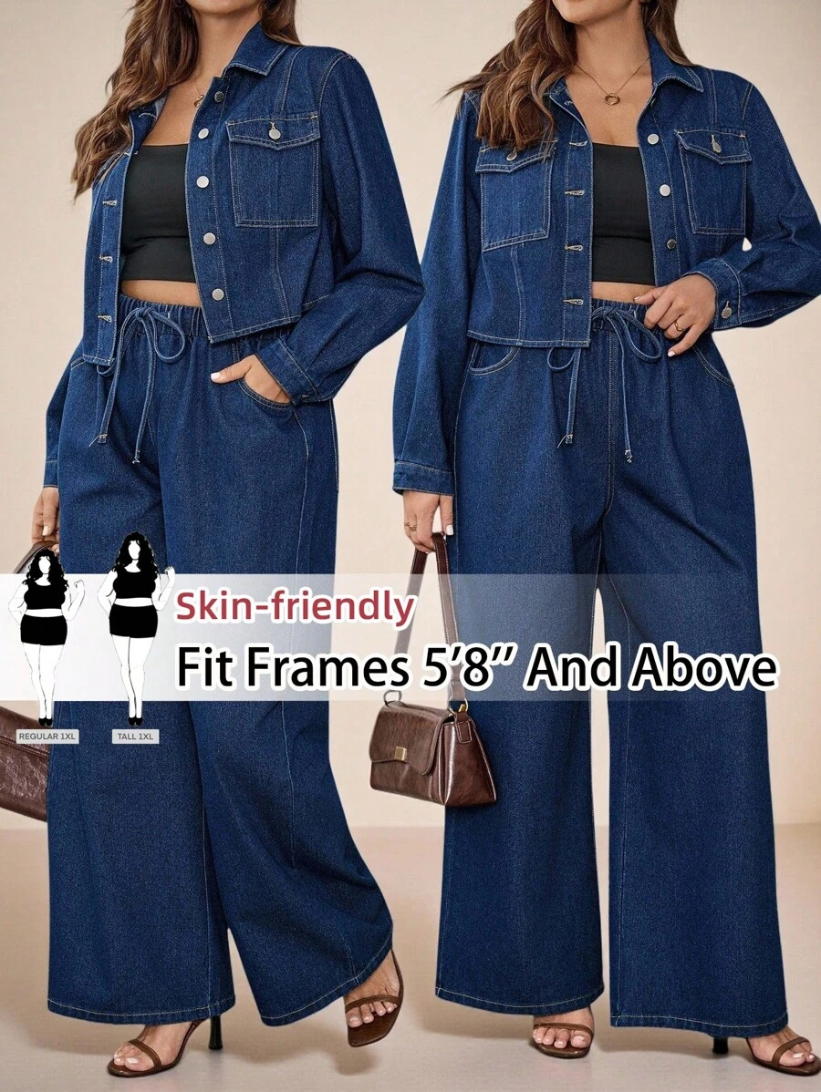 SHEIN Tall CURVE Plus Size 2PCS Women's Fall Autumn Back To School Homecoming Halloween Christmas Business Casual Woman Country Vintage Modest Old Money Business Casual Woman Work Clothes Teacher Outfits For Women Church Outfits WomenSolid Color Long Sleeve Top And Jeans Two Pieces Set Blue Wide Leg Jeans Button Up Shirt Women Denim Outfit Women