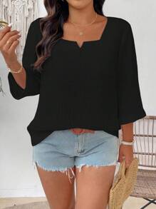 EMERY ROSE Camisa de talla grande de unicolor y textura casual - Negro - Ver 3