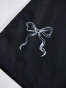 SHEIN ChillGRL 青少年女孩标语蝴蝶结印花圆领短袖T恤和阔腿裤套装 - 黑與白 - 查看 5