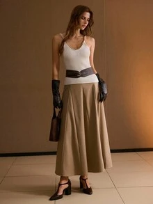 MOTF PREMIUM FALDA CON CREMALLERA LATERAL Y GODETS SÓLIDA - Camel - Ver 1
