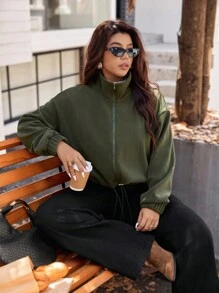 Vionelle 加大码女式优雅军绿色羊毛立领拉链长袖弹力袖口抽绳下摆短款夹克 - 軍綠色 - 查看 5