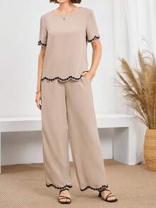 Miaspire Lässiger Khaki-Outfit, mit Stickerei- und Bordüren-Dekorationselementen, 2-teiliges Hemd & Hose Set, Vintage-Kleidung für Frauen, Old Money Stil für Frauen, Lehreroutfit für Frauen, Flughafen-Outfit für Frauen, Zweiteiler Hosen Set für Frauen, 2-teiliges Lässig Set für Frauen, Bluse und Hose Set für Frauen, Top und Hose Set für Frauen, Zweiteiler Outfit für Frauen