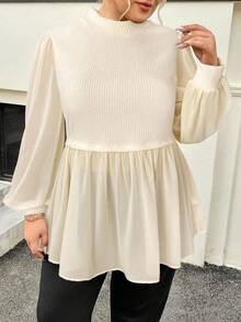 SHEIN Clasi 大码女式黑色长袖翻领衬衫上衣，秋季服装 - 杏色 - 查看 3