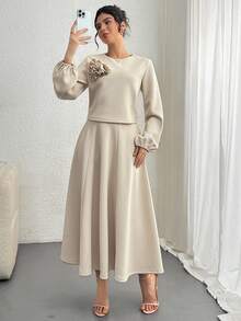 DAZY Women's Autumn 3D Floral Sweatshirt And A-Line Skirt 2 Pieces Set - Apricot - View 1