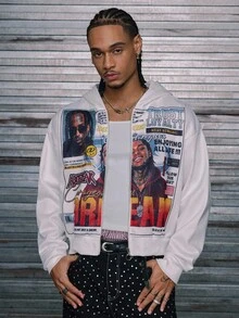 AXEPEAK Men's Casual Letter & Portrait Graphic Zip-Up Hoodie Sweatshirt, Autumn, For Fall Winter