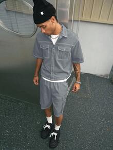 AXEPEAK Bộ 2 áo sơ mi tay ngắn dáng rộng phong cách đường phố thoải mái ve áo và quần short dành cho nam - Màu xanh lam - Xem 6