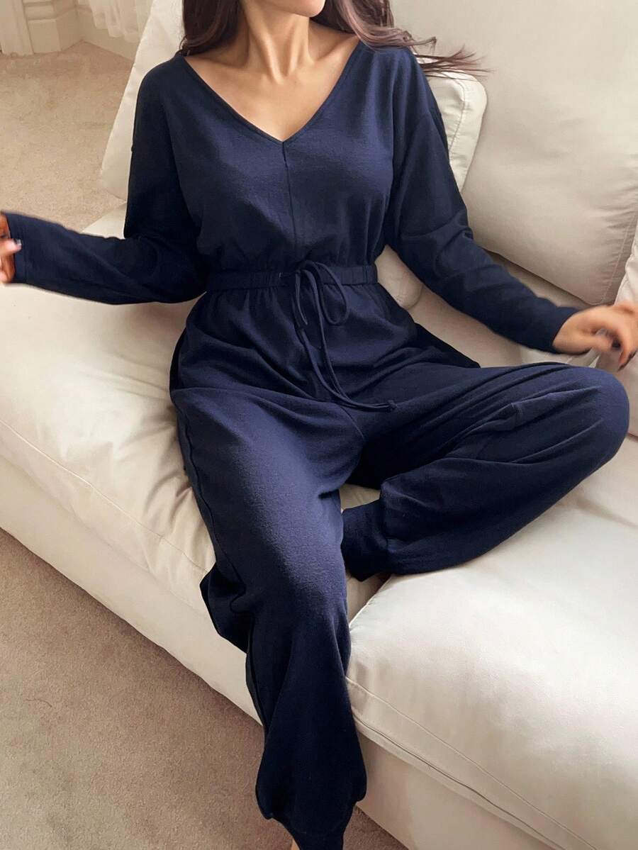 DAZY Solid Color Cinched Waist Jumpsuit For Women, Loungewear, Fall Pajama - Navy Blue - View 1