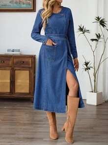 EMERY ROSE 女式圆领长袖口袋设计休闲长款牛仔连衣裙 - 深色水洗藍 - 查看 3