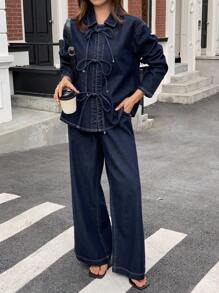 DAZY Women's Lapel Tie Waist Loose Shirt And Casual Denim Pants Set - Blue - View 1