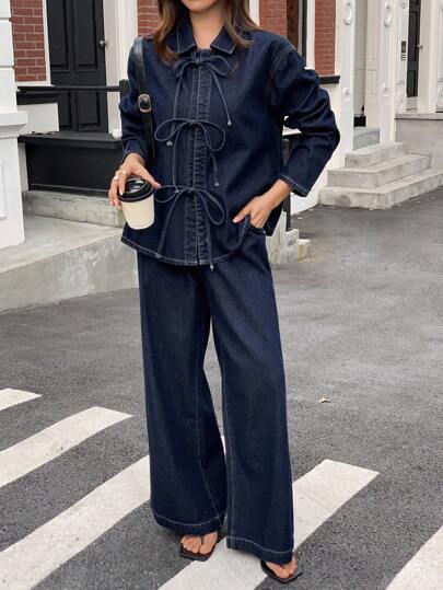 DAZY Women's Lapel Tie Waist Loose Shirt And Casual Denim Pants Set