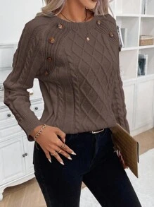 SHEIN LUNE Women's Casual Daily Simple Solid Color Button Detail Raglan Sleeve Cable Knit Sweater, Autumn/Winter Fall Cloth For Women - Mocha Brown - View 3