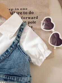Young Girl Denim Camisole Top And Solid Color Bubble Hem Casual Dress Set With Bag - White - View 3