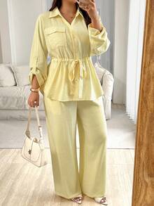 Vionelle Conjunto de camisa de cuello en V con abertura frontal y cordón en la cintura, talla grande pantalones de cintura elástica, en color amarillo mantequilla, para mujer talla grande, estilo romántico francés de Sicilia, para uso casual, de viaje o en la oficina, para primavera/otoño/invierno.